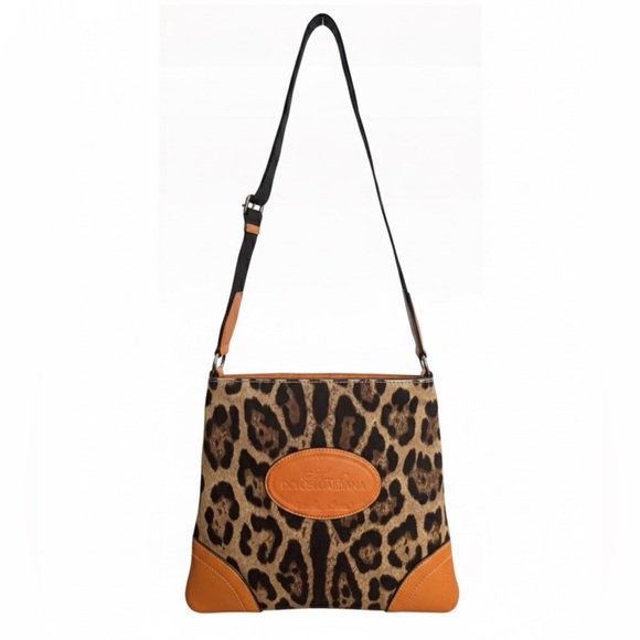Dolce & Gabbana Leopard Canvas Crossbody Bag Leather Trim Italy - Picture 2 of 6